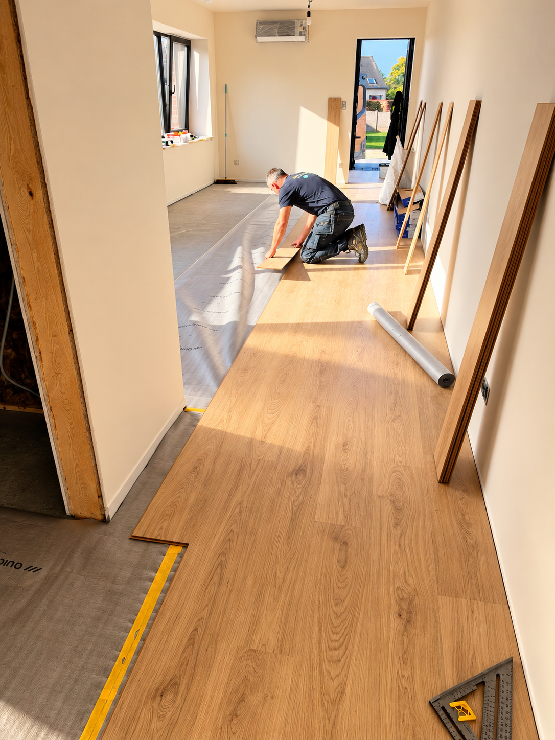 Vakman van MVO Projects plaatst een houten vloer op een ondervloer